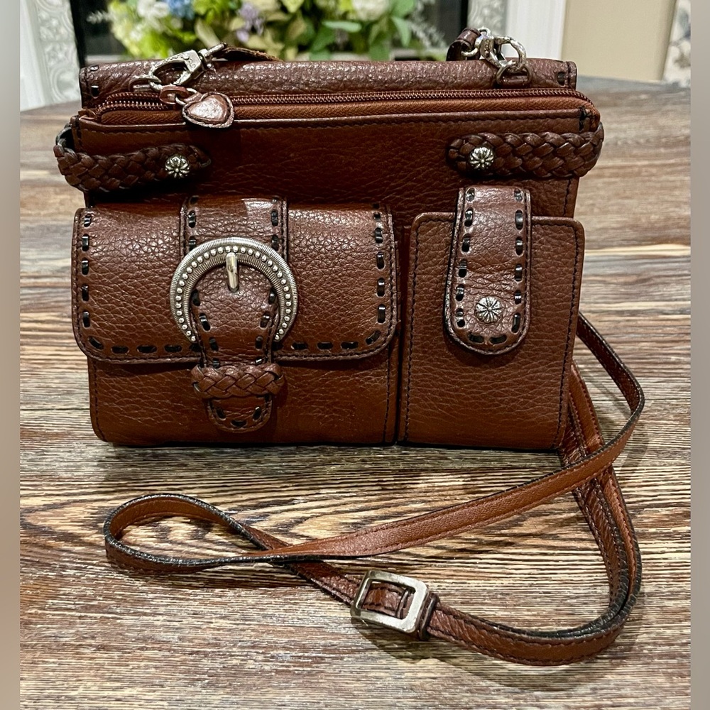 BRIGHTON Chestnut Brown Pebbled Leather Organizer Crossbody Bag/Purse - EUC